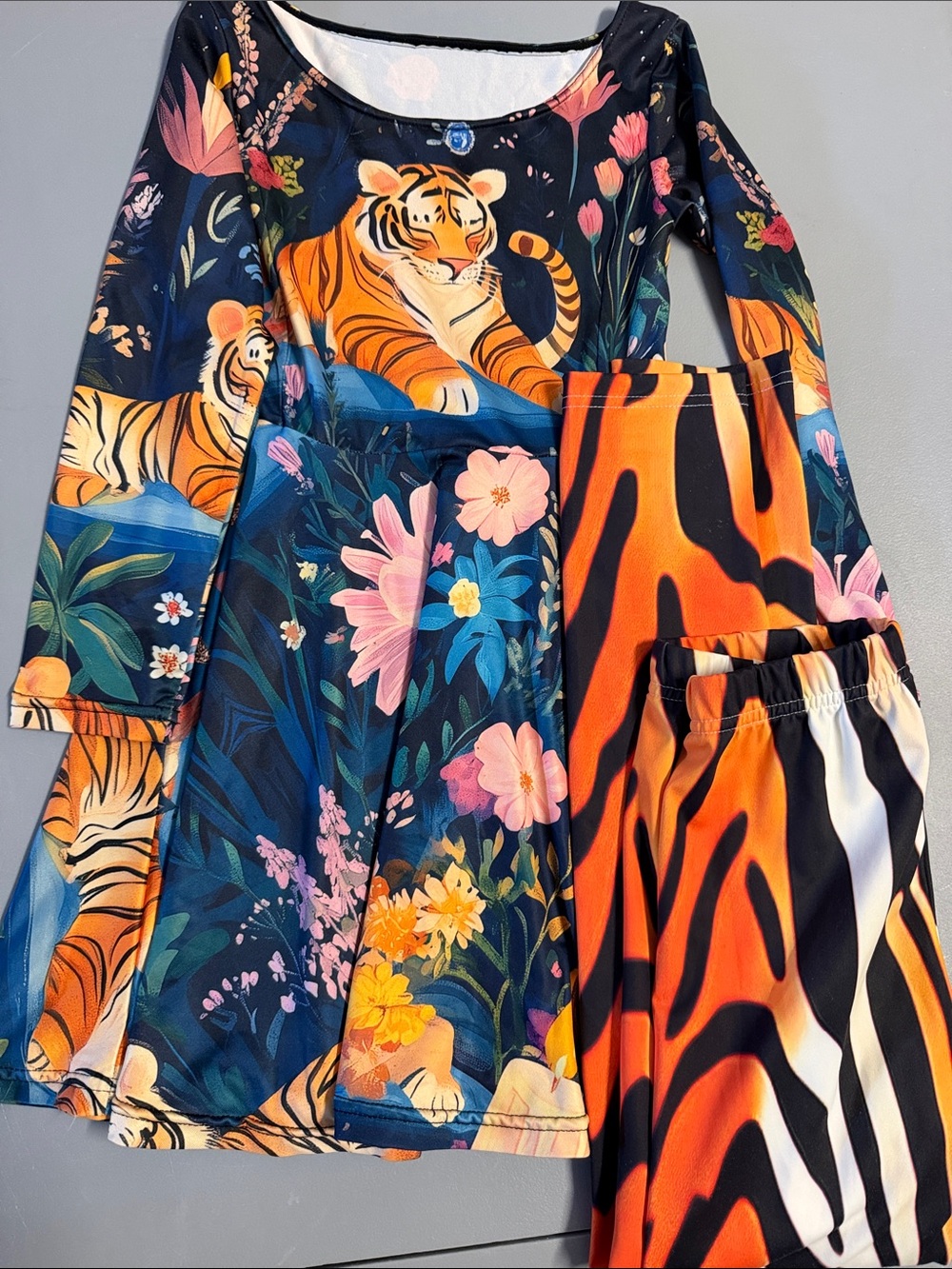 Kids Floral Tiger Print Jumpsuit and Animal Stripe Pants Set - Orange/Navy